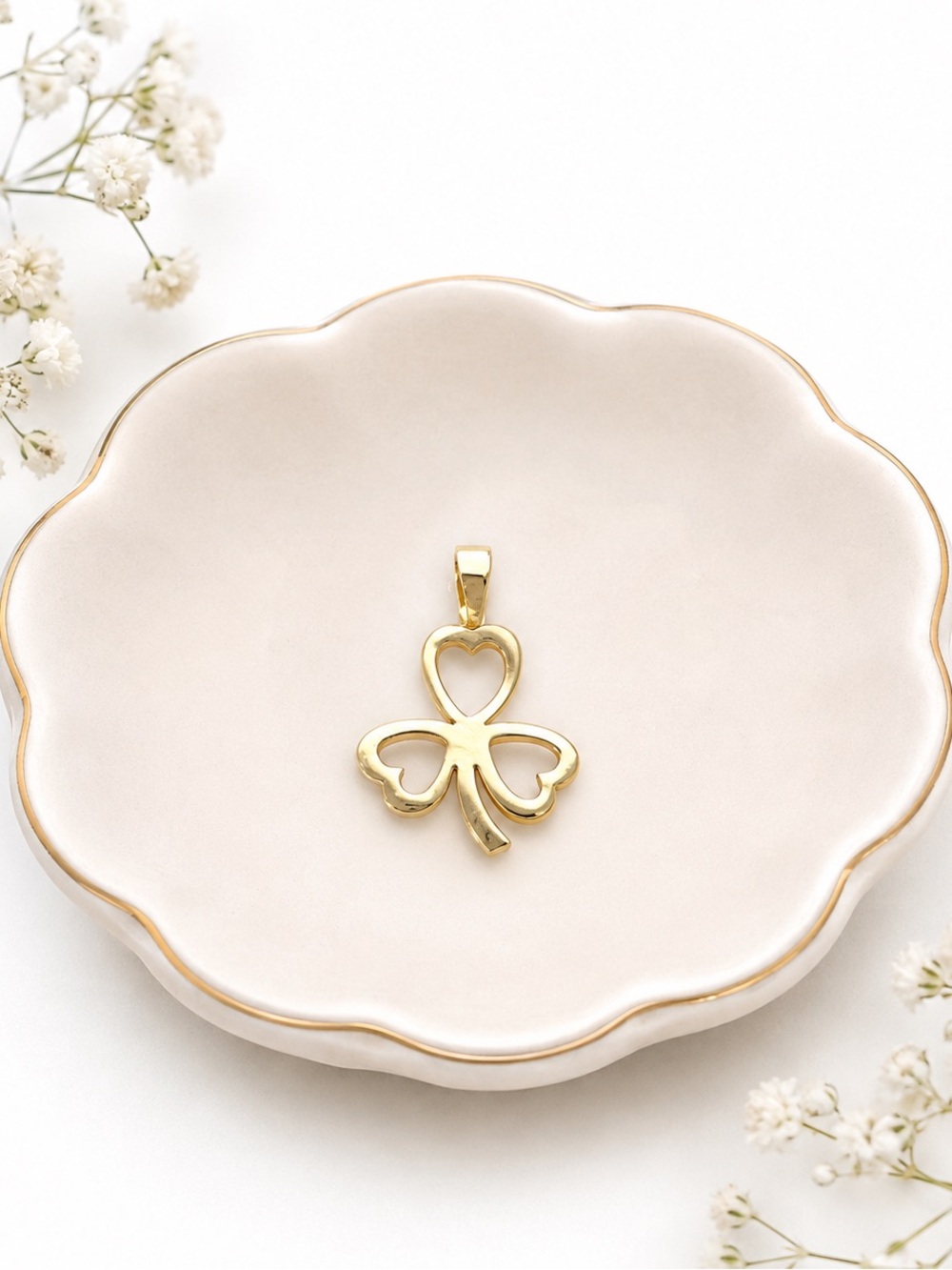 10k Yellow Gold Clover Hearts Necklace Pendant Charm